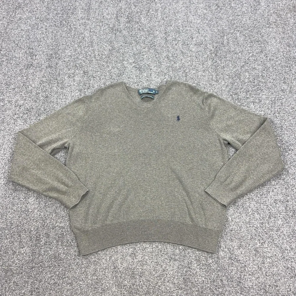 Polo By Ralph Lauren Sweater Mens Large Gray V Neck Pima Cotton Knit Pullover